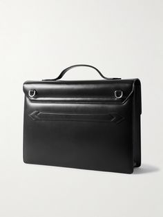 Designed to celebrate Montblanc's centenary, this 'Meisterstück' briefcase is crafted from sleek black leather and can be carried by the top handle or adjustable shoulder strap. It has a roomy interior with space for a 13'' laptop and a dedicated front pocket that nods to vintage pen pouches. Timeless Formal Briefcase With Top Carry Handle, Classic Briefcase With Detachable Handle For Business Trips, Classic Formal Briefcase With Top Carry Handle, Luxury Formal Briefcase With Detachable Handle, Timeless Black Rectangular Briefcase, Business Satchel Briefcase With Detachable Handle, Formal Briefcase With Palladium Hardware, Business Leather Briefcase With Detachable Handle, Leather Briefcase With Detachable Handle For Business