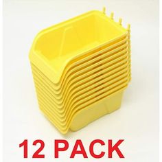 twelve yellow plastic cups stacked on top of each other with the words 12 pack below them