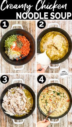 steps to make creamy chicken noodle soup in a cast iron skillet on a wooden table