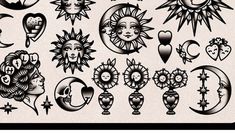 the sun and moon tattoo designs are on display