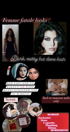 Feme Fatale Aesthetic Makeup, Feme Fatale Nails, Classy Femme Fatale Aesthetic, Femme Fatale Outfits Aesthetic, Dark Feminine Look, 9 Types Of Men Femme Fatale, Fem Fatale Aesthetic Outfit, Femme Fatale Captions, Feminine Fatale Aesthetic