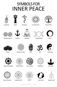 symbols for inner peace are shown in black and white, with the names below them