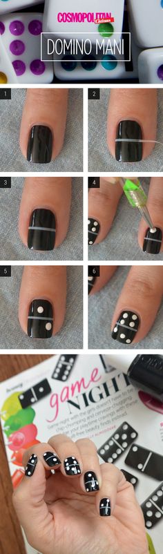 Nail Art How-To: Fun Domino Manicure by @NailsbyArelisP Instead of leaving tape on put white on underneath then tape, then paint black Diy Nail Art Tutorial, Nail Art Simple, Nail Art Designs Diy, Nails White, Black Nail Designs, Scotch Tape, New Nail Art, Art Simple, Manicure Y Pedicure