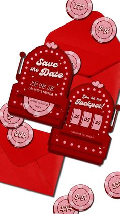 two red envelopes with pink and white polka dots on them, one is for save the date