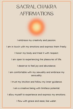 Balance your Sacral Chakra with these powerful affirmations. How To Balance Your Chakras, Sacral Chakra Activities, 7 Chakras Healing Affirmations, Healing Sacral Chakra, How To Balance Sacral Chakra, Sacral Affirmations, Balance Sacral Chakra