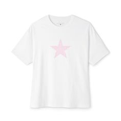 Gingham Pink Star Trendy Relaxed Fit T-shirt With Star Print, Oversized Star Print T-shirt For Streetwear, Summer Star Print Top For Loungewear, Oversized Cotton T-shirt With Star Print, Oversized Star Print Summer Tops, Relaxed Fit Star Print Top For Streetwear, Trendy Oversized T-shirt With Star Print, Casual Relaxed Fit Tops With Star Print, Star Print Relaxed Fit Top For Loungewear