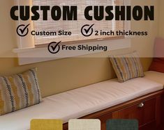 a window seat with custom cushions in front of it and the words free shipping below