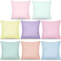 six pastel pillows in different colors on a white background, each with a single pillow