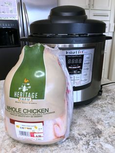 a bag of chicken next to an instant pot roaster