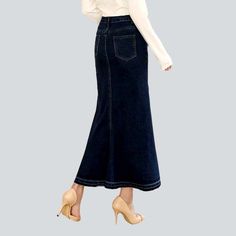 Make a statement this season with our Contrast Stitching Peplum Jeans Skirt. Y2K style from our 2023 Autumn Collection. An exquisite combination of vintage chic and modern fashion. this high-waist. long skirt features a zipper and button closure. dark wash denim and contrast stitching in a bold. retro-inspired peplum silhouette.Distinctive Features: Y2K Style: Make a statement with this vintage-inspired. Y2K-style skirt that will take you back to the 2000s in style. Dark Wash Denim: Crafted from Non-stretch High Rise Fall Skirt, Chic Denim Blue Skirt For Fall, Chic Stretch Denim Blue Skirt, Chic Non-stretch Denim Skirt, Chic Non-stretch Denim Blue Skirt, Chic Dark Wash Skirt For Fall, Fall Denim Flared Skirt, Denim Flared Skirt For Fall, Chic Fitted Flared Denim Skirt