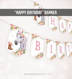 a happy birthday banner with a horse on it