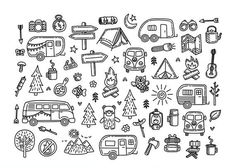 the happy camper stamp set is shown in black and white, with an image of camping