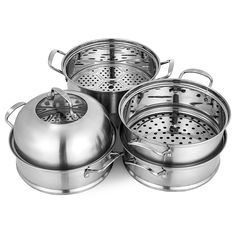 three stainless steel pots and pans on a white background with the lids open to show strainers