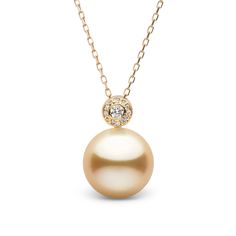 The Pearl Paradise Aura Collection 11.0-12.0 mm golden South Sea pearl and diamond pendant features a single gem-quality, natural-color golden pearl set in solid 14 karat gold. Complementing the perfect pearl are 0.07 carats of VS1-G graded diamonds. Your pendant will arrive in a luxurious gift box accompanied by a certified appraisal. Single Pearl Necklace, Diamond Bracelet Design, Golden Pearl, Golden South Sea Pearls, Jewelry Appraisal, Sea Pearl, Mom Necklace, Pearl Types, Pearl Set