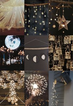 the collage shows many different types of lights and stars hanging from strings above them