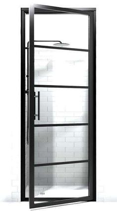 GRIDSCAPE GS2 FULL DIVIDED LIGHT BLACK FRAME GRID SWING SHOWER DOOR WITH CLEAR GLASS Gridscape Shower Door, Coastal Shower Doors, Custom Shower Doors, Bilik Air, Custom Shower, Window Styles, Residential Interior Design, Shower Screen, Shower Door