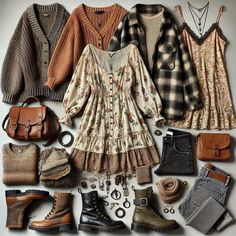 Blending cozy cottagecore vibes with edgy grunge elements, this aesthetic is perfect for those who love florals with a twist! Discover the charm of soft cardigans, floral dresses, and earthy colors mixed with combat boots, leather accents, and oversized flannels. This style captures a unique balance of dreamy and bold, making it ideal for fall fashion or year-round looks. Save this pin for outfit inspiration that’s both sweet and rebellious! Adventurecore Aesthetic Outfit, Cozycore Outfit, Cottage Core Winter Outfits, Grunge Cottagecore Outfits, Earthy Grunge Outfits, Dark Cottage Core Outfits, Winter Styles For Women, Grandmacore Fashion, Cabincore Fashion