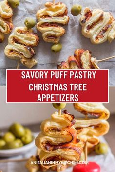 christmas appetizers with text overlay saying savory puff pastry christmas tree appetizers