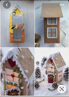 four pictures of different houses made out of cardboard and paper with decorations on the roof