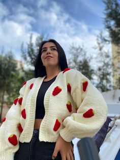 Welcome to my boutique. All cardigans are 100% handmade. You can order cardigans in any size and model you want (cloud cardigan, strawberry cardigan, donut cardigan, etc.) 🥰 * The model is size (M-L) 💃 * Model Height: Height 160 cm - Weight 62 kg Note: You can send a message for children's size or another color 📧 *100% Handmade * 100% High-quality wool 🧶 * Great fit for different body types and sizes * Stylish keeps you very warm * You can request it in different colors. Please inform me bef Handmade Oversized Trendy Cardigan, Handmade Oversized Casual Cardigan, Handmade White Casual Cardigan, Strawberry Cardigan Outfit, Strawberry Sweater Outfit, Strawberry Knit, Cloud Cardigan, Strawberry Cardigan, Cardigan Handmade