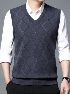 Men's Autumn/Winter Diamond Pattern Knitted Vest Sweater Grey Casual   Fabric Geometric,Striped  Medium Stretch Fall,Spring,Spring/Fall,Winter,Fall/Winter Men Clothing, size features are:Bust: ,Length: ,Sleeve Length: Mens Vest Tops, Waistcoat Men, Sweater Vest Mens, Mens Fur, Sleeveless Sweater Vest, Vests Mens, Mens Plaid, Sleeveless Jacket, Men's Vest