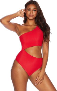 One-shoulder Cutout Swimwear For Beach, One-shoulder Lined Swimwear For Pool, One Shoulder Lined Swimwear For Pool, Solid Color One-shoulder Cutout Swimwear, One Shoulder Lined Body Swimwear, One-shoulder Lined Swimwear, Asymmetrical Cutout Party Swimwear, Asymmetrical Cutout Swimwear For Party, Red Cutout Swimwear