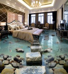 the bedroom is decorated with rocks and chandelier