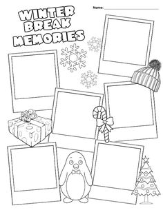 winter break memory book with polar bear and presents on the page, including pictures for children to color