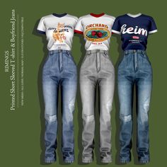 three women's jeans and t - shirts are shown in the same color scheme