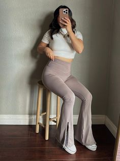 Flared slit yoga bottoms Very stretchy True to size, Body shaping Side slit High waisted Material: Polyester/Spandex Model wearing size small. Yoga Bottoms, Chill Pill, Polyester Spandex, Ash, High Waisted, Yoga, Spandex, How To Wear