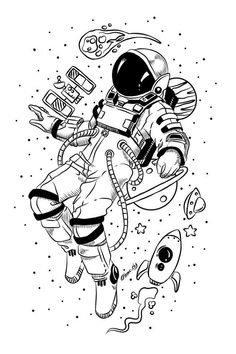 an astronaut floating in space surrounded by planets and other objects, with the caption's name above it