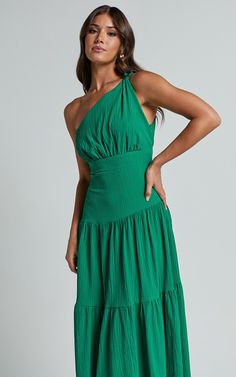 $69.95 Dress Silhouette, Feminine Look, Ruffle Dress, Green Dress, Warm Weather, Midi Length, One Shoulder Dress, A Line Dress, Unique Style