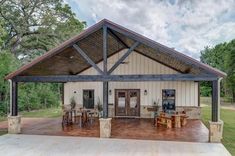 a large covered patio with tables and chairs