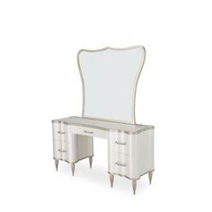 a white dressing table with a mirror and drawers on it's sides, in front of a white background