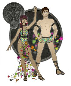 a man and woman standing next to each other in swimsuits with flowers all over them