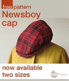 a man wearing a red and black hat with the words free pattern newsboy cap now available two sizes