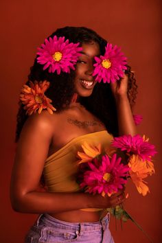 a woman with flowers in her hair