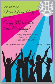 a party flyer with silhouettes of people dancing and disco ball in the background,