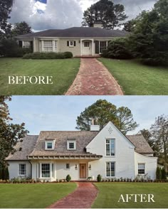 before and after photos of a white house with brick walkway leading to the front door