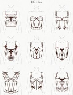 six different bras with bows on them and the words, how to draw corsets