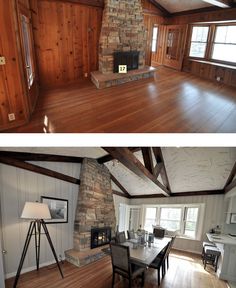 before and after pictures of a living room with wood paneling on the walls, an open floor plan is shown