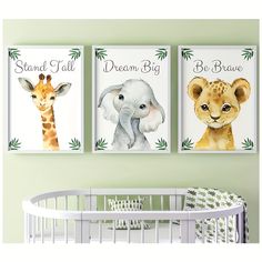 two paintings of animals on the wall in a baby's room with a crib