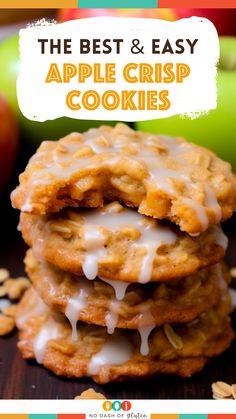 the best and easy apple crisp cookies with white glaze on top are stacked up next to an apple