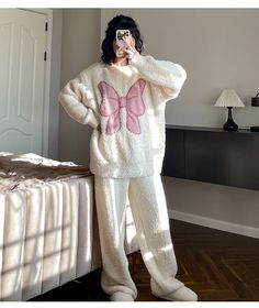 Women's Casual Lovely Bow Sweet Girl Warm Soft Sleepwear Loose Pajamas - Bow,XL Pajamas For Winter, Cute Pajamas Winter, Cute Pyjamas Winter, Pijamas Winter, Girly Pajamas, Fluffy Pajamas, Pyjama Aesthetic, Pajama Ideas, Soft Sleepwear