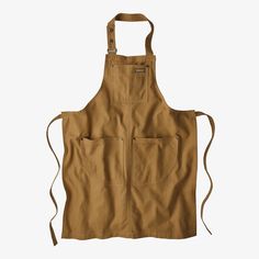 a brown apron with two pockets on the front and one pocket on the back,