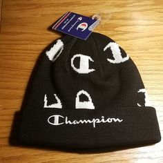 Champion Winter Hat Brand New Never Used Or Worn With Tags Retails For $3o.Oo Will Consider All Reasonable Offers Black Winter Hat With Letter Print, White Letter Print Hats For Winter, Casual Black Beanie With Letter Print, Black Cotton Winter Hat, Black Beanie With Letter Print For Winter, White Winter Hats With Letter Print, White Letter Print Winter Hats, Black Beanie Hat With Letter Print, Blue Bucket Hat