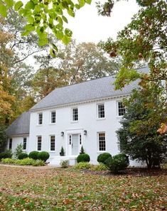 a white house surrounded by trees and leaves