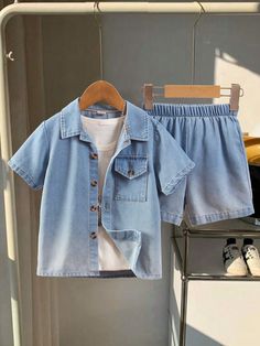 2pcs Young Boys' Gradient Denim Washed Short Sleeve Top And Shorts Set, Suitable For Summer Daily Wear, School, And Vacation Baby Blue Casual  Short Sleeve Polyester Plain  Slight Stretch  Young Boys Clothing, size features are:Bust: ,Length: ,Sleeve Length: Denim Set, Boys Set, Boys Clothing, Short Sets, Baby Blue, Daily Wear, Short Sleeves Tops, Casual Shorts, Length Sleeve