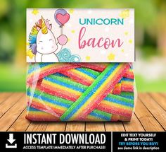 unicorn bacon lollipops in a bag on a wooden table with the text, instant