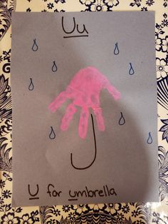 a child's handprint with the word u for umbrella on it